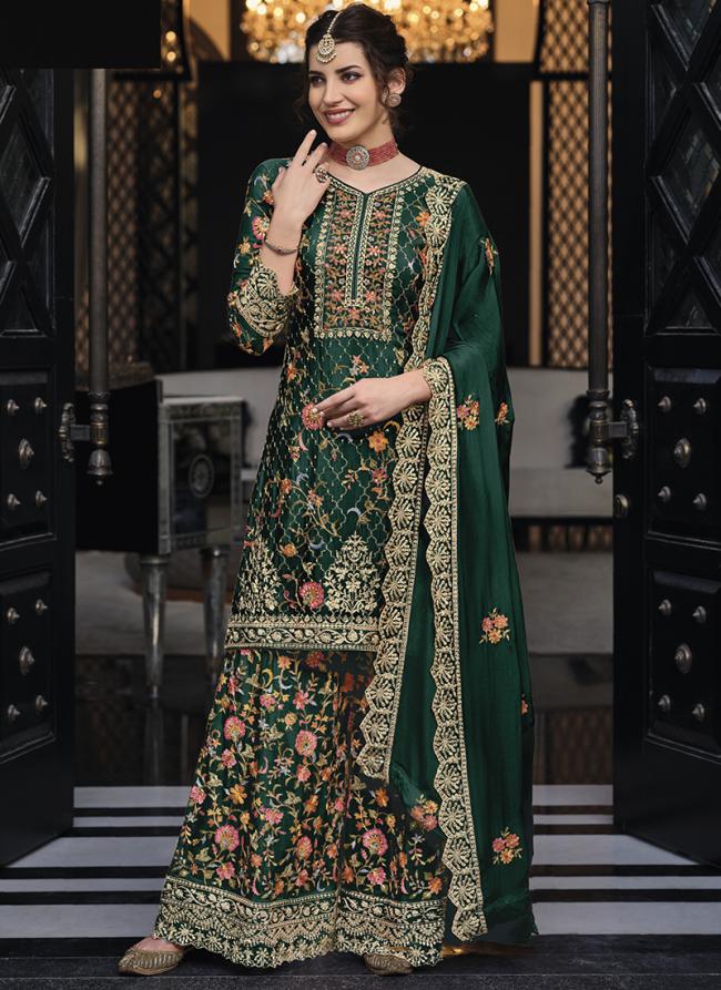 Premium Silk Green Wedding Wear Embroidery Work Plazzo Suit